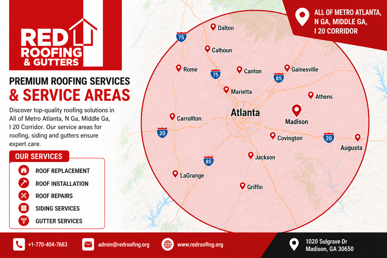 Red Roofing and Gutters service area map covering Madison, Lake Oconee, Metro Atlanta and North Georgia
